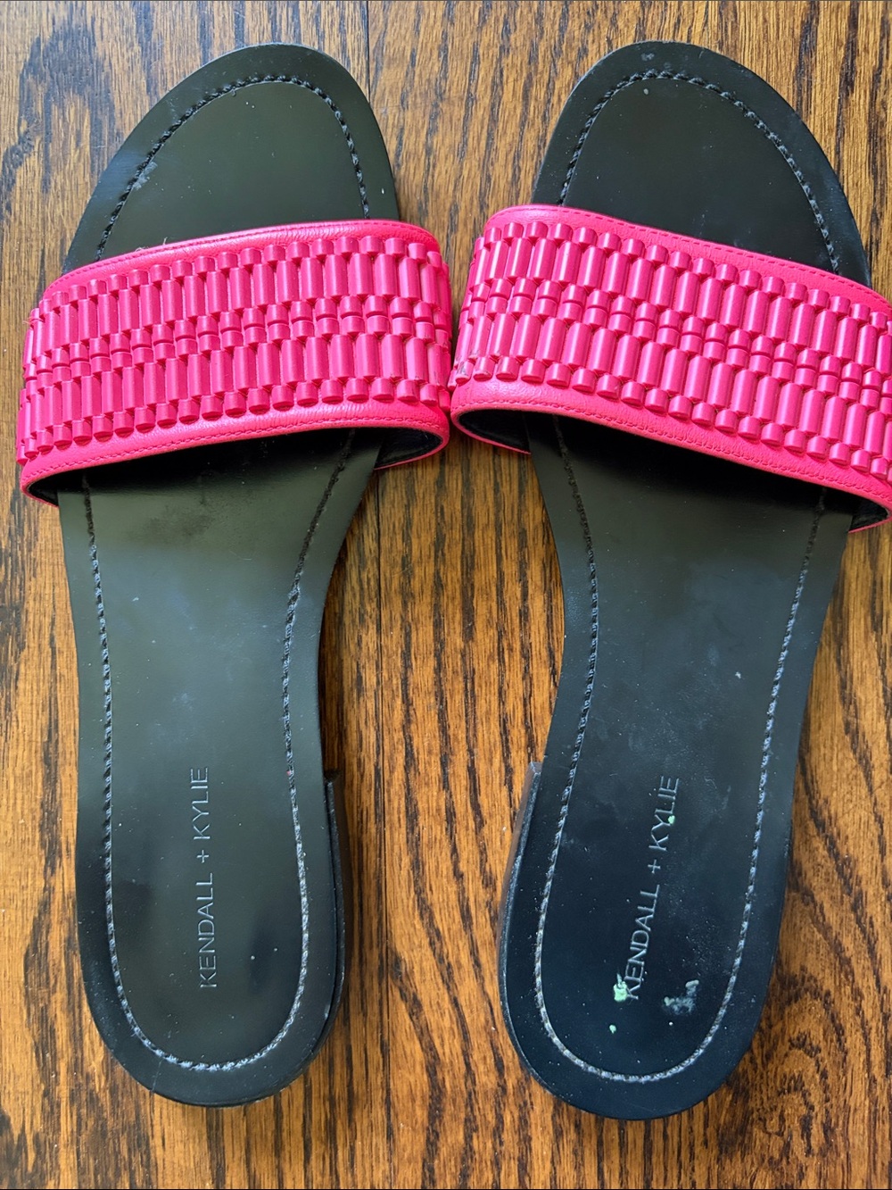 Kendall & Kylie Black Slide Sandals with Hot Pink Woven Strap